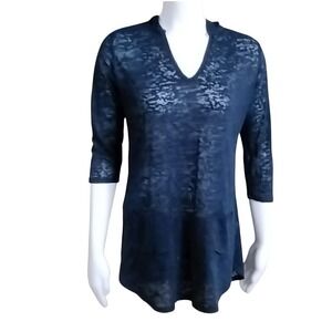 Sandiva Burnout Knit Hooded Tunic Top Navy Blue 3/4 Sleeve V-Neck Small